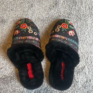 JOHNNY WAS Ardell Slipper Printed Floral Soft Faux Fur Boho Slip-On Multicolor